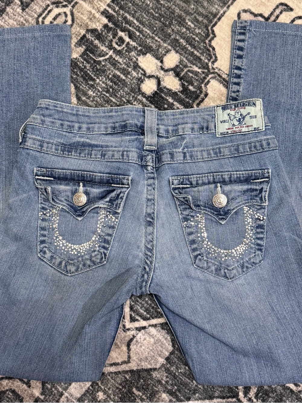 True Religion Y2K Light Blue Jeans Sz 28 with Crystal Embellishment